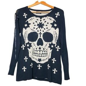 Banned Apparel Mexican Sugar Skull/Cross Knit Sweater,Lace-up Corset Sleeve-SZ-S